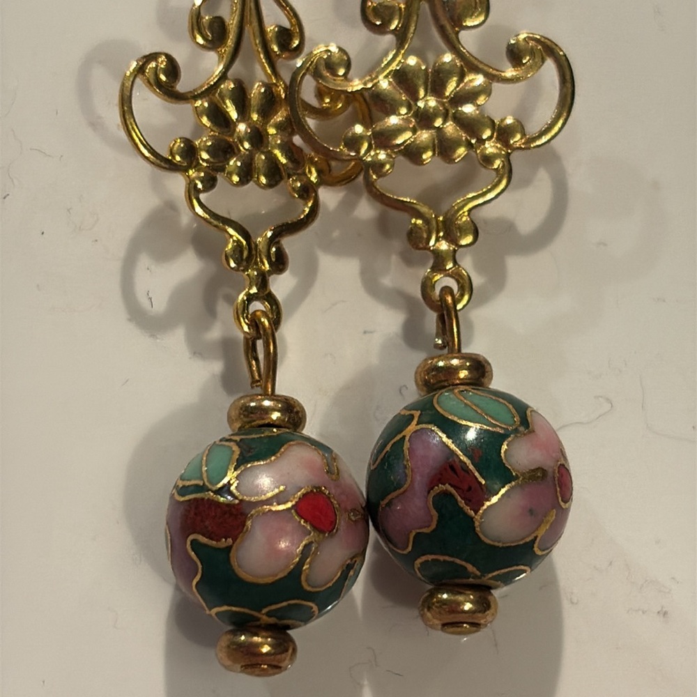 Vintage  Cloisonné Gold and Green Filigree Earrings